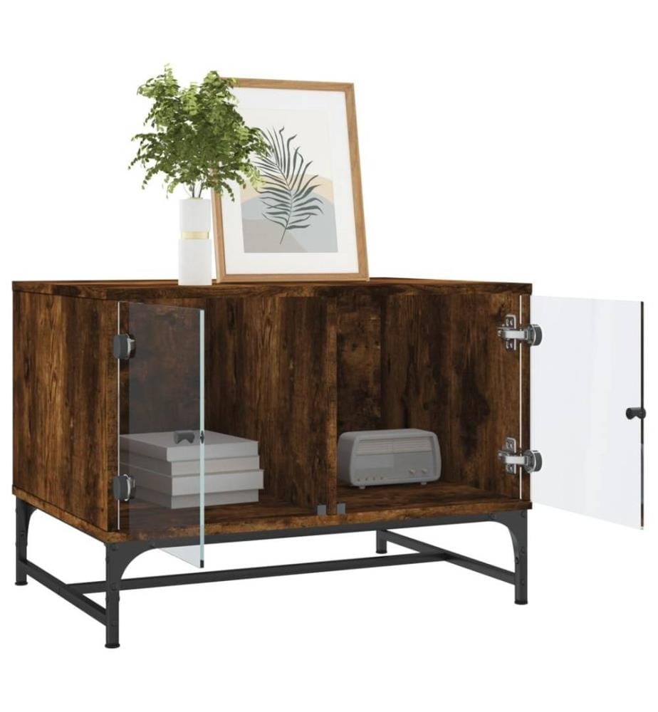 Table basse avec portes en verre chêne fumé 68,5x50x50 cm