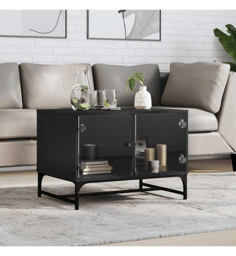 Table basse avec portes en verre noir 68,5x50x50 cm