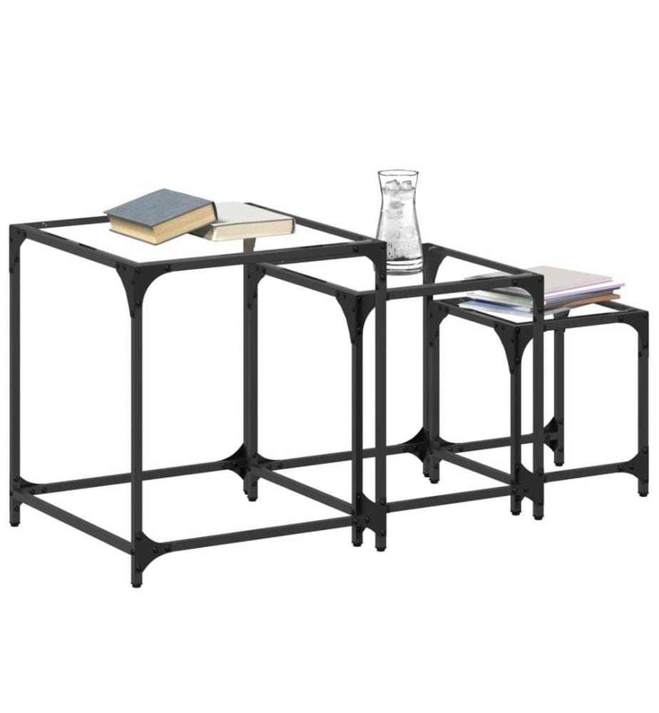 Tables basses gigognes 3 pcs dessus en verre transparent acier