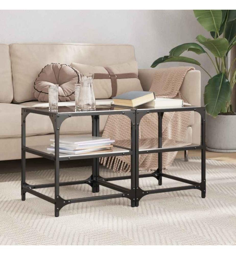 Couchtische mit Glasplatten 2 Stk. Schwarz 40x40x45 cm Stahl