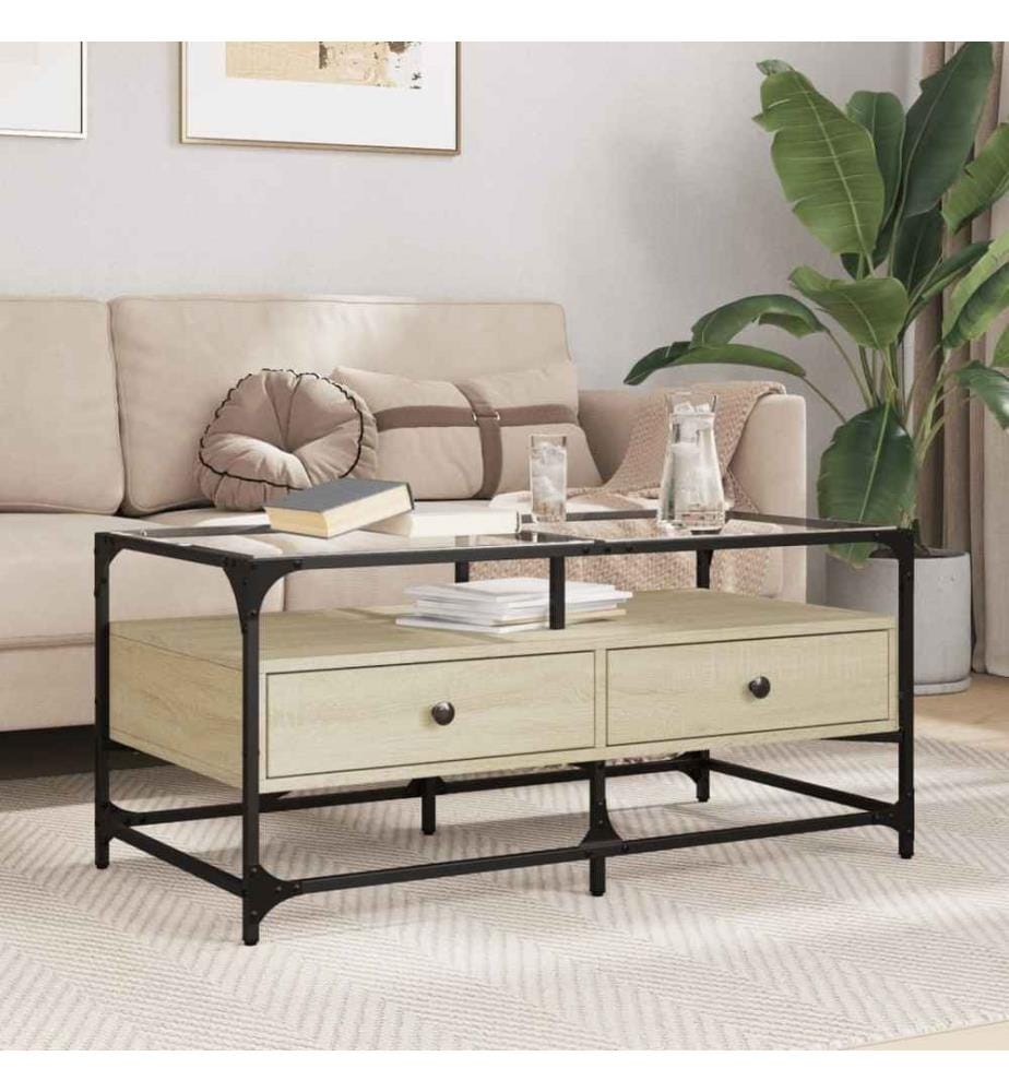 Couchtisch mit Glasplatte Sonoma-Eiche 98,5x50x45 cm Stahl