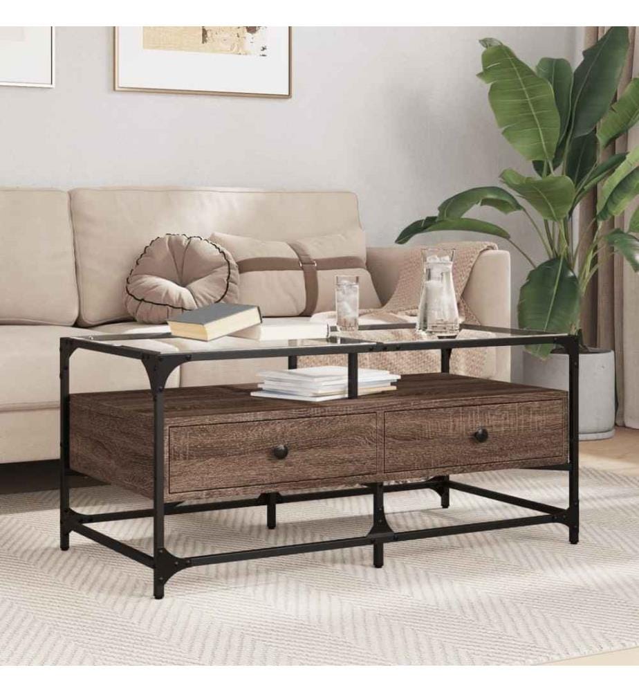 Table basse et dessus en verre chêne marron 98,5x50x45 cm acier
