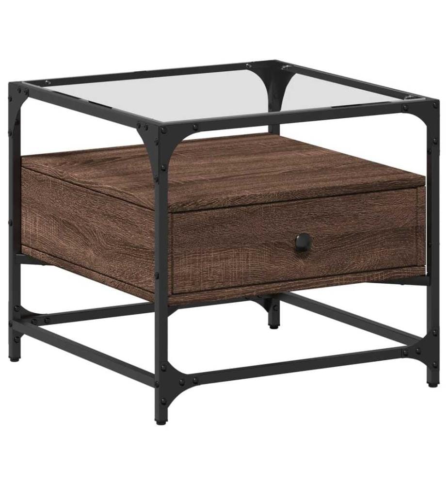 Couchtisch mit Glasplatte Braun Eichen-Optik 50x50x45 cm Stahl