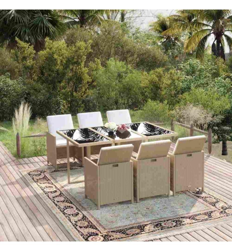 7-tlg. Garten-Essgruppe mit Kissen Poly Rattan Beige