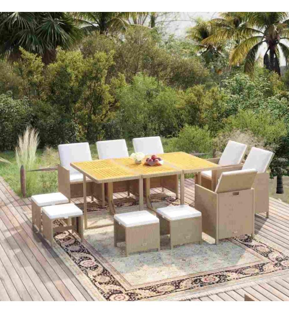 11-tlg. Garten-Essgruppe mit Kissen Poly Rattan Beige