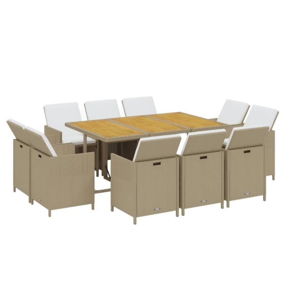 Ensemble à dîner de jardin coussins 11 pcs Résine tressée Beige