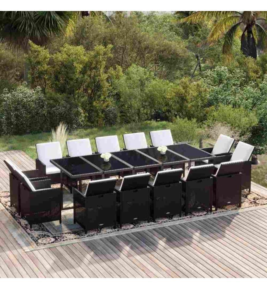 15-tlg. Garten-Essgruppe mit Kissen Poly Rattan Schwarz