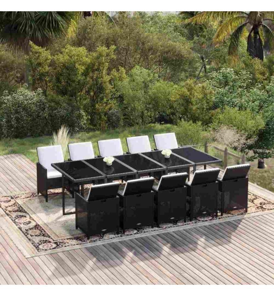 11-tlg. Garten-Essgruppe mit Kissen Poly Rattan Schwarz