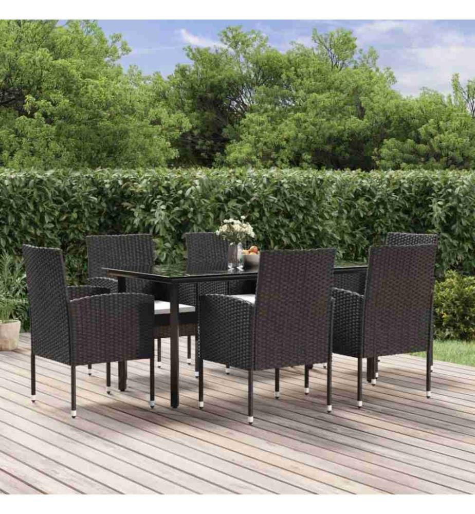 7-tlg. Garten-Essgruppe mit Kissen Schwarz Poly Rattan