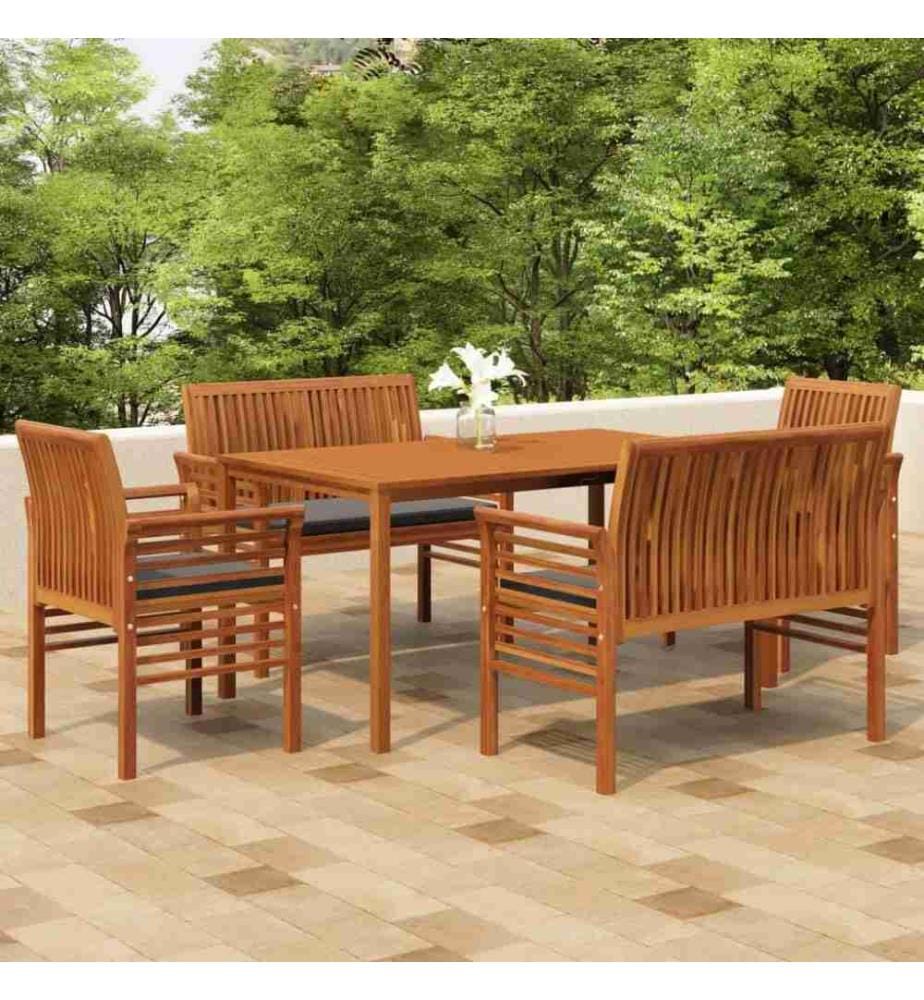 Ensemble à dîner d'extérieur 5 pcs et coussins Acacia solide