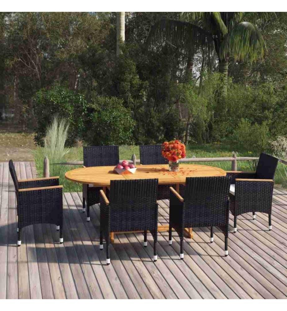 7-tlg. Garten-Essgruppe Poly Rattan Schwarz