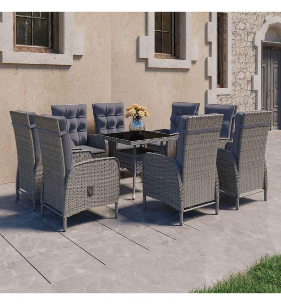 9-tlg. Garten-Essgruppe Poly Rattan und Glas Grau