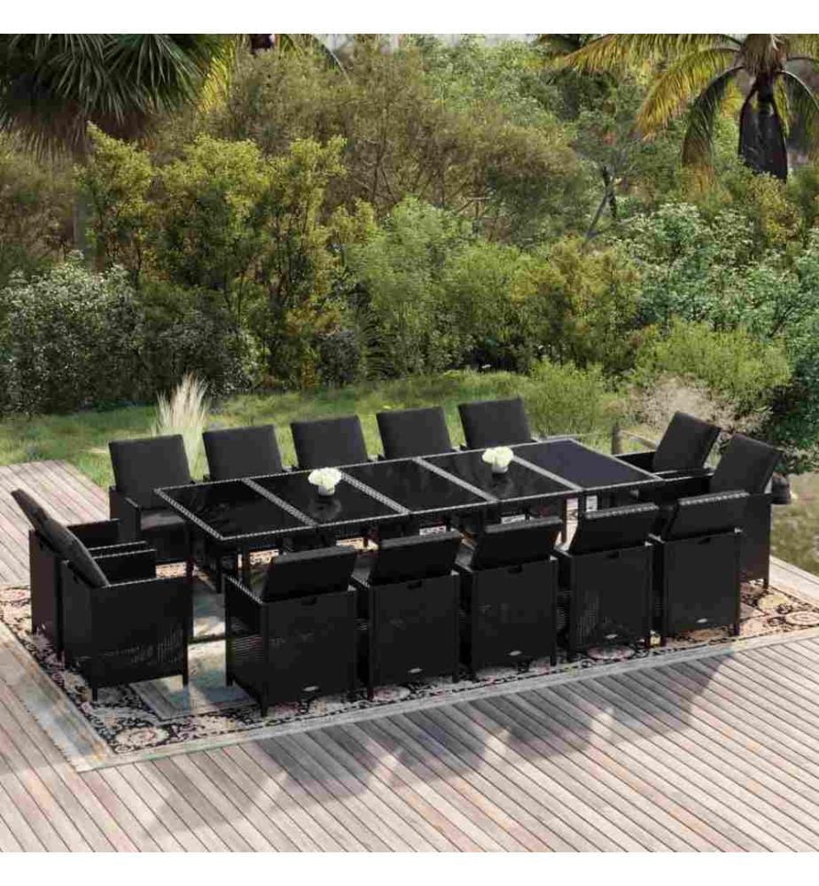 15-tlg. Garten-Essgruppe mit Kissen Poly Rattan Schwarz