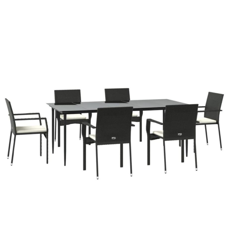 7-tlg. Garten-Essgruppe mit Kissen Schwarz Poly Rattan
