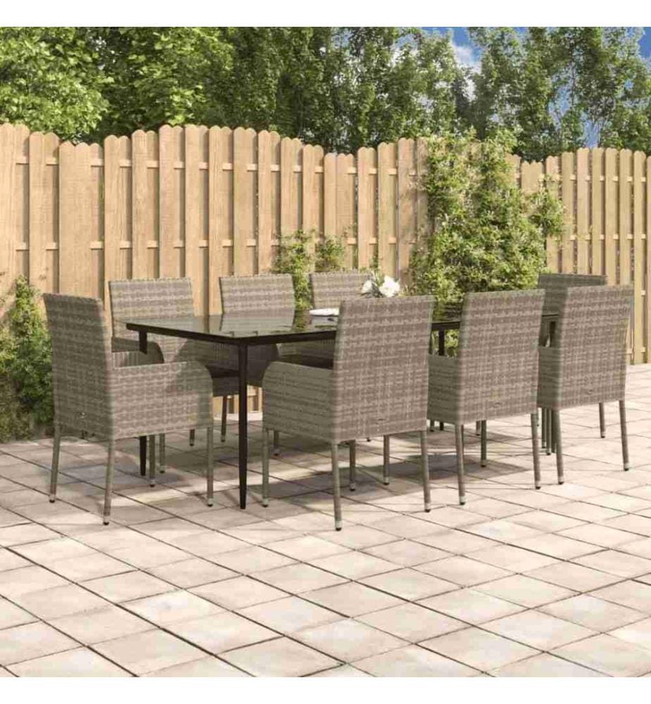 9-tlg. Garten-Essgruppe mit Kissen Schwarz und Grau Poly Rattan