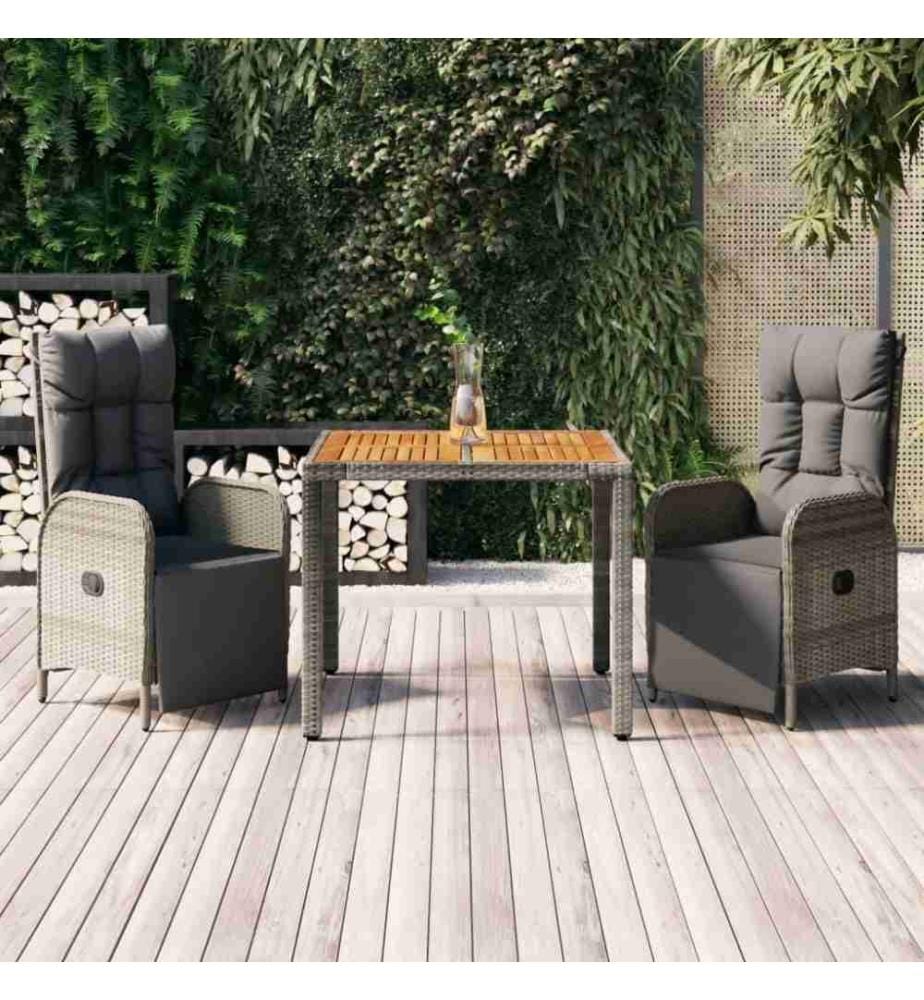 3-tlg. Garten-Essgruppe mit Kissen Grau Poly Rattan