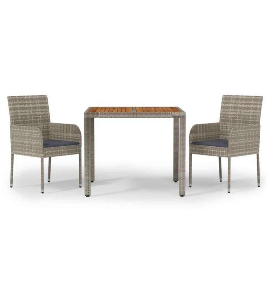 3-tlg. Garten-Essgruppe mit Kissen Grau Poly Rattan