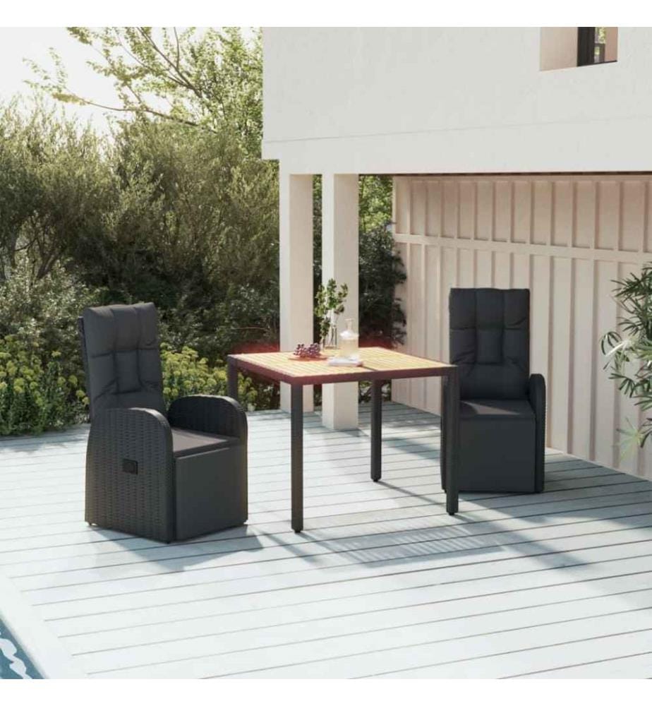3-tlg. Garten-Essgruppe Schwarz Poly Rattan & Massivholz Akazie
