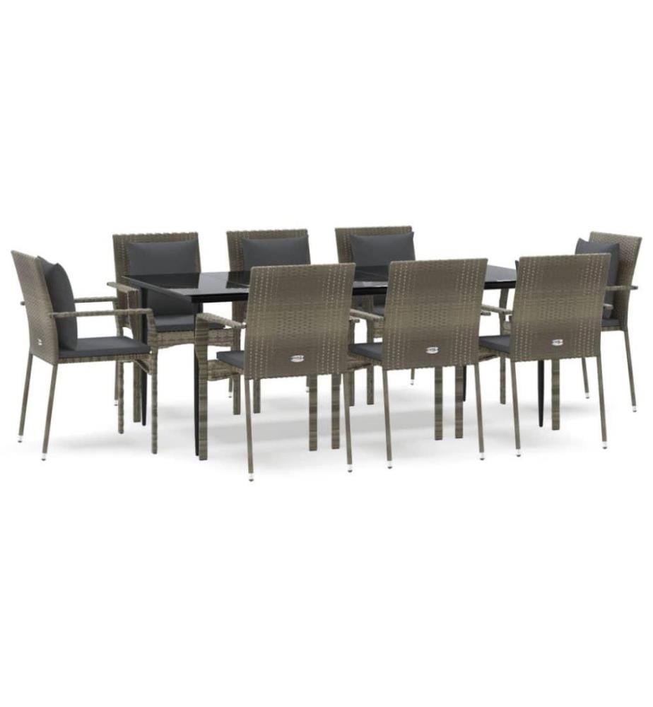 9-tlg. Garten-Essgruppe mit Kissen Schwarz und Grau Poly Rattan