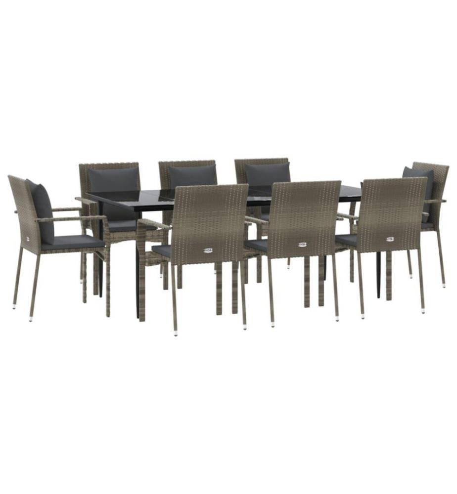 9-tlg. Garten-Essgruppe mit Kissen Schwarz und Grau Poly Rattan