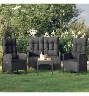 4-tlg. Garten-Essgruppe mit Kissen Schwarz Poly Rattan