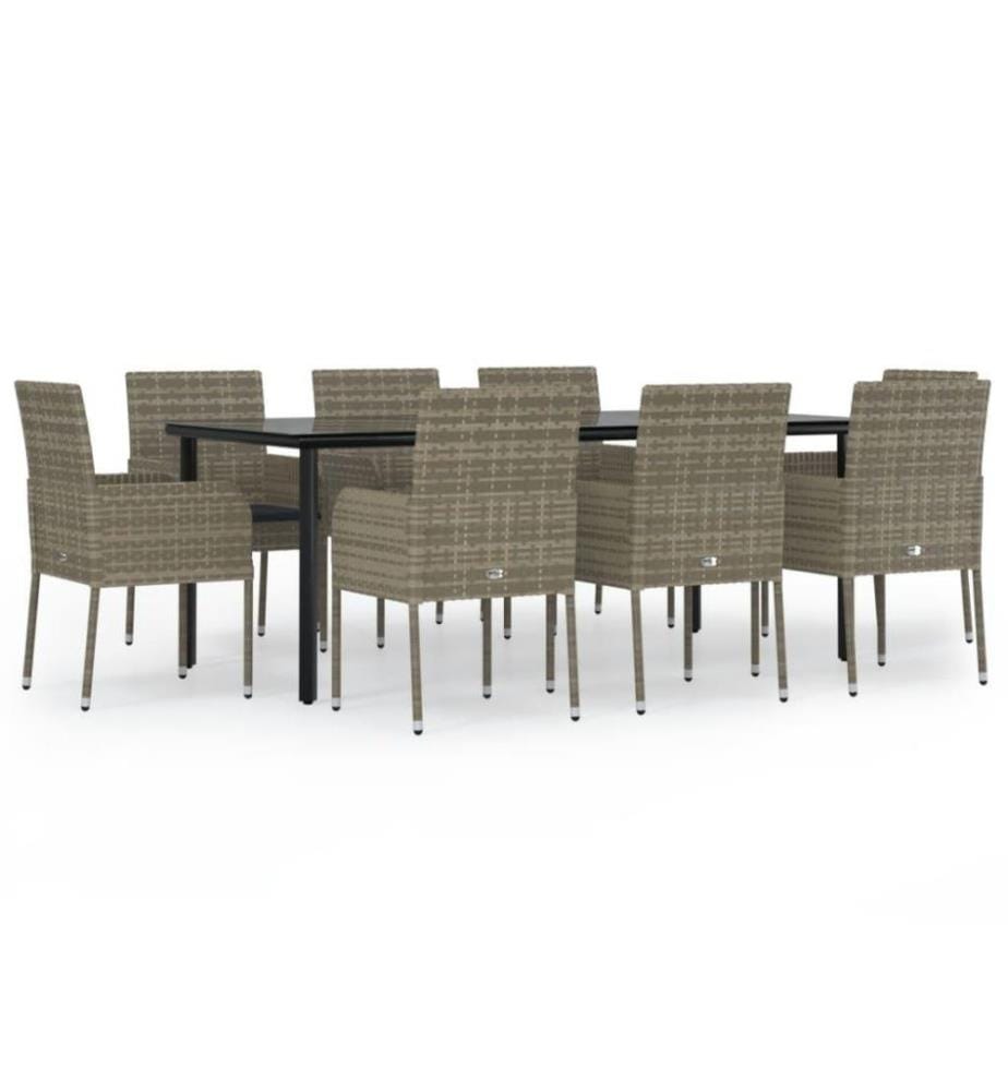 Ensemble de salle à manger jardin 9pcs et coussins noir et gris