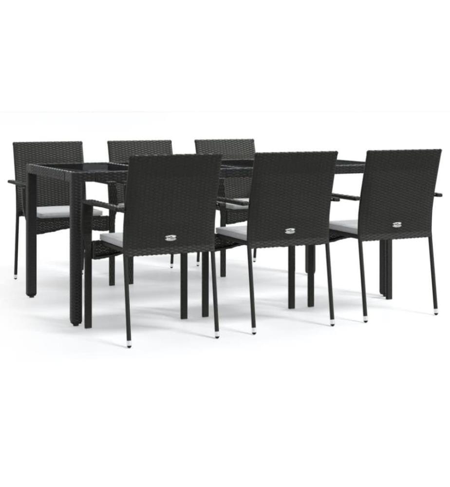 7-tlg. Garten-Essgruppe mit Kissen Schwarz Poly Rattan