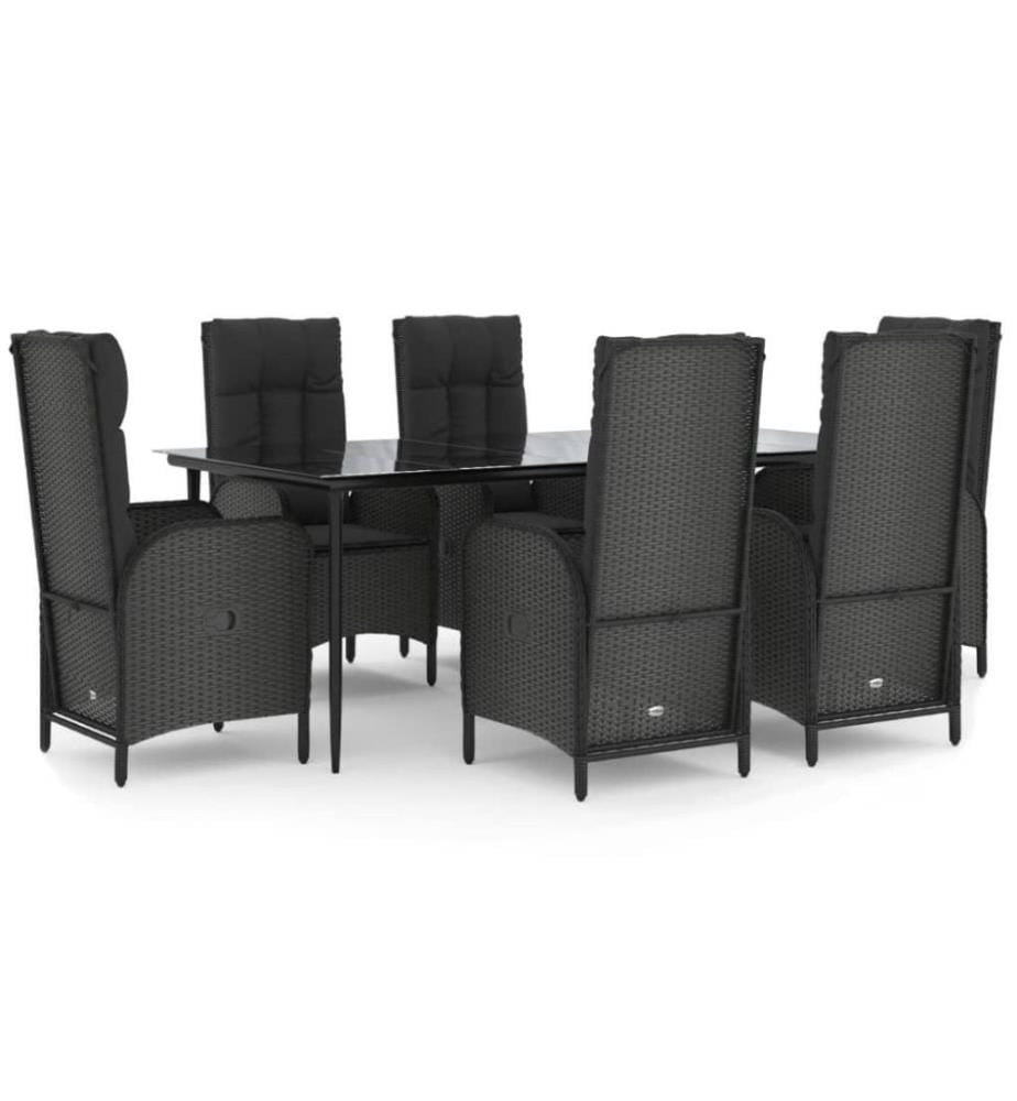 7-tlg. Garten-Essgruppe mit Kissen Schwarz Poly Rattan