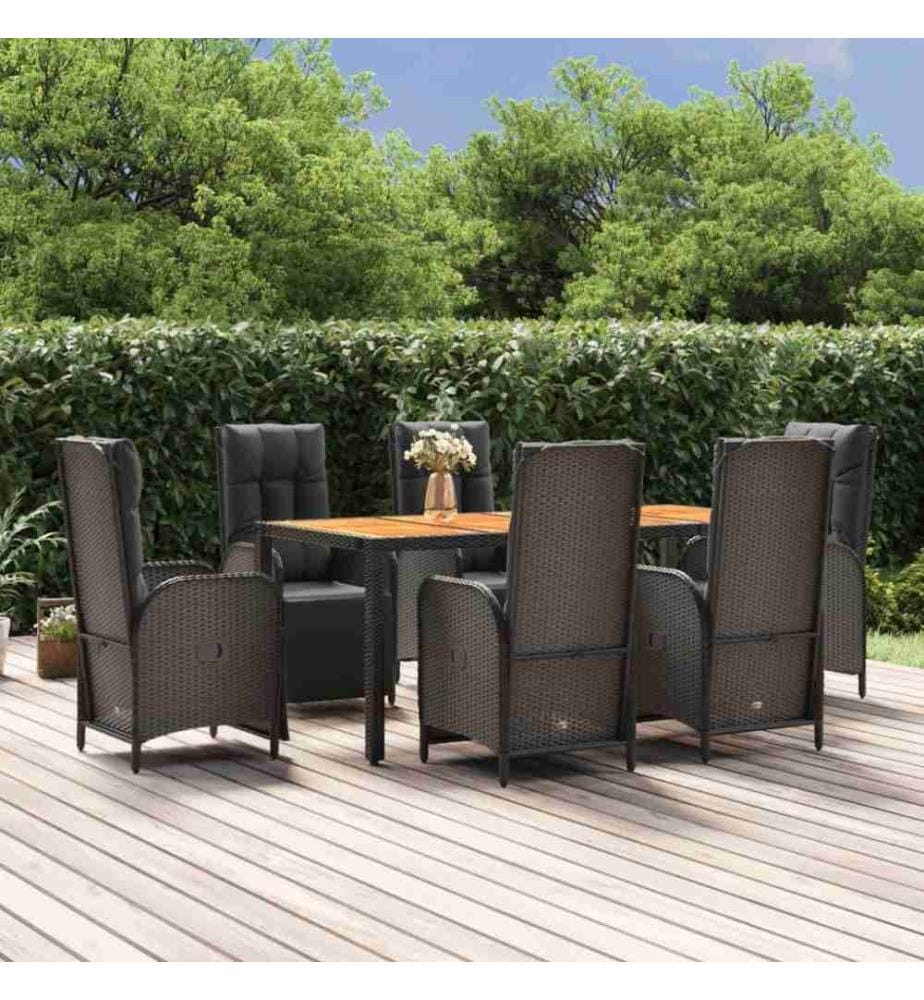 7-tlg. Garten-Essgruppe mit Kissen Schwarz Poly Rattan