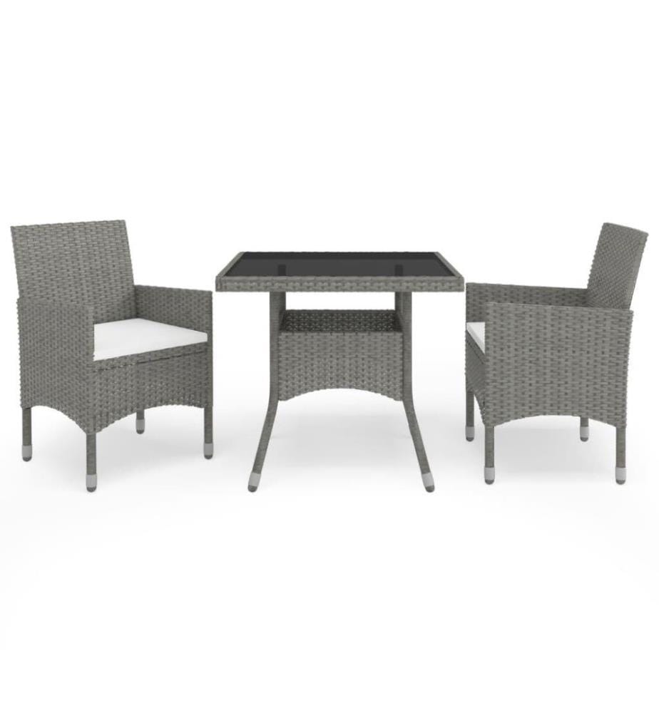 3-tlg. Garten-Essgruppe Grau Poly Rattan und Glas