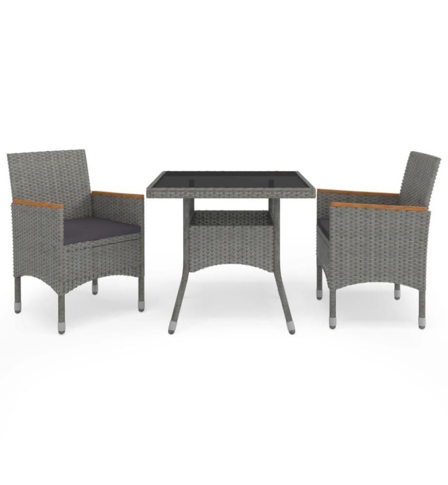 3-tlg. Garten-Essgruppe Grau Poly Rattan und Akazienholz