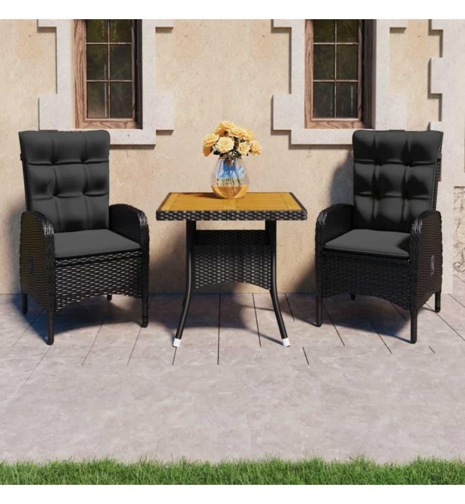 3-tlg. Garten-Essgruppe Poly Rattan und Akazienholz Schwarz