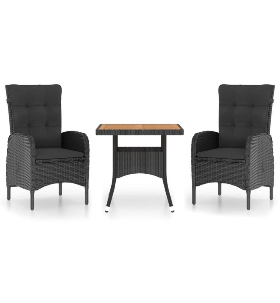 3-tlg. Garten-Essgruppe Poly Rattan und Akazienholz Schwarz