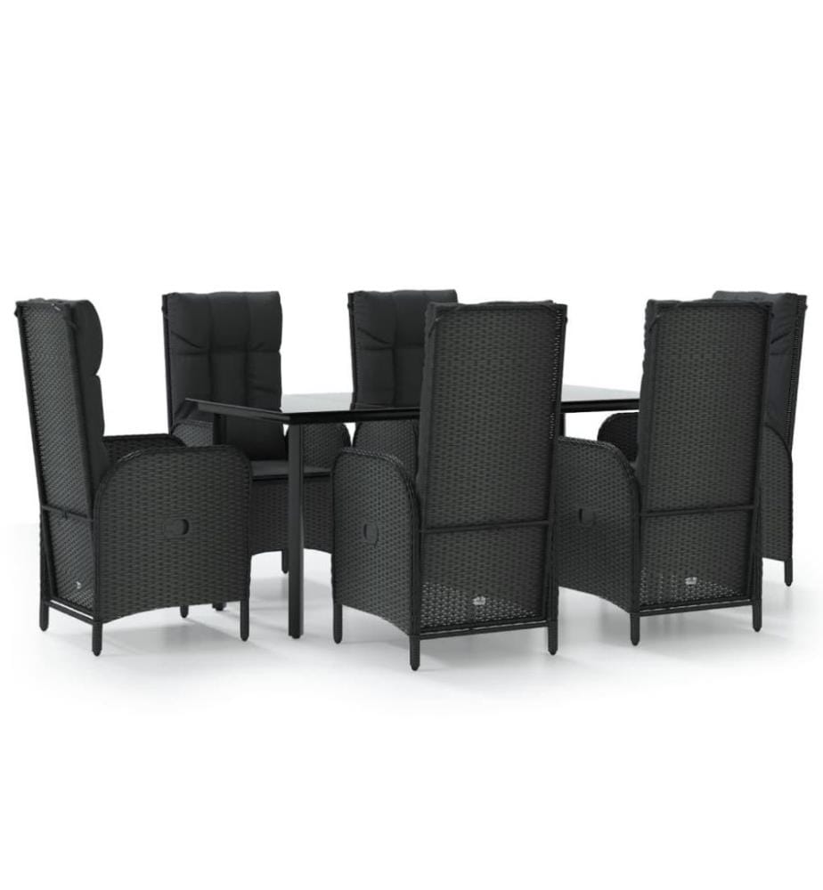 7-tlg. Garten-Essgruppe mit Kissen Schwarz Poly Rattan