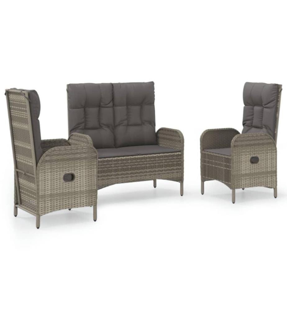 3-tlg. Garten-Essgruppe mit Kissen Grau Poly Rattan
