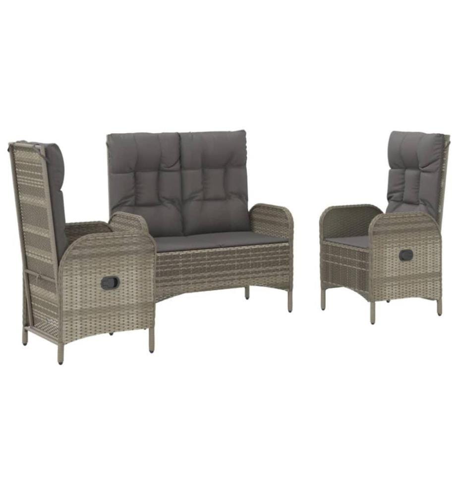 3-tlg. Garten-Essgruppe mit Kissen Grau Poly Rattan