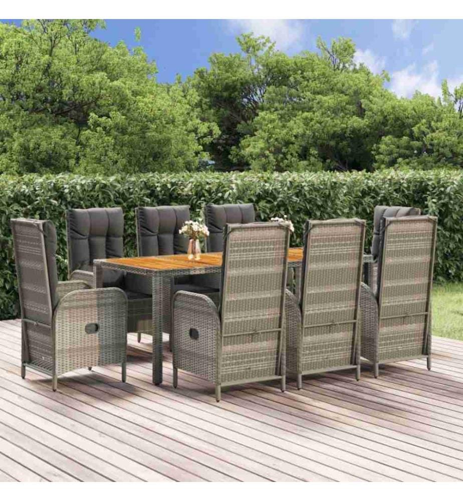 9-tlg. Garten-Essgruppe mit Kissen Grau Poly Rattan