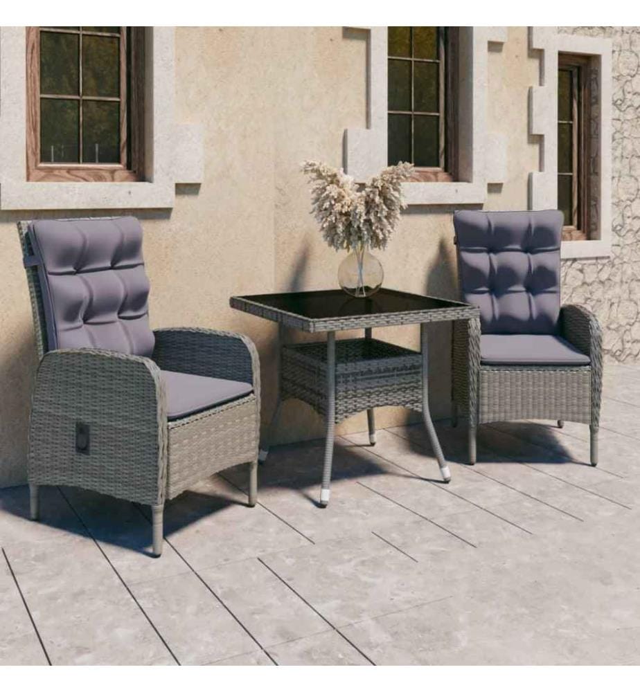 3-tlg. Garten-Essgruppe Poly Rattan und Glas Grau