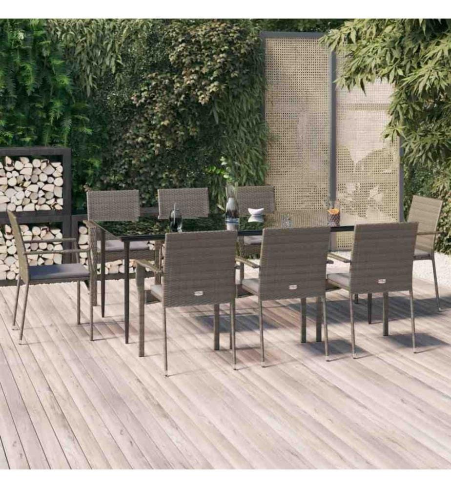 9-tlg. Garten-Essgruppe mit Kissen Schwarz und Grau Poly Rattan