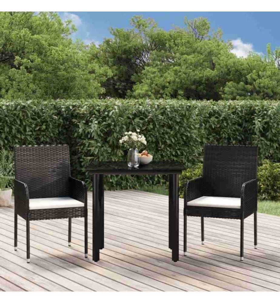 3-tlg. Garten-Essgruppe mit Kissen Schwarz Poly Rattan