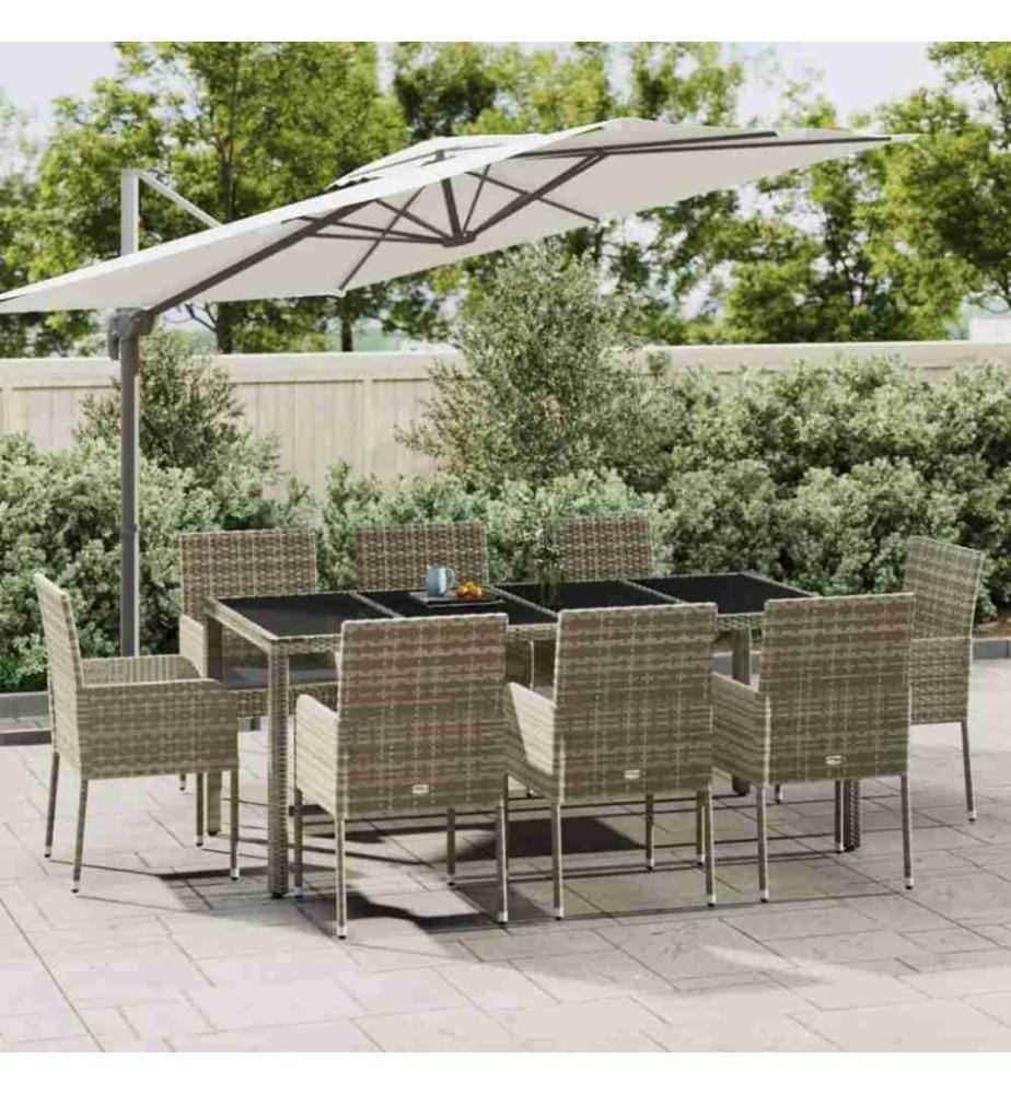 9-tlg. Garten-Essgruppe mit Kissen Grau Poly Rattan