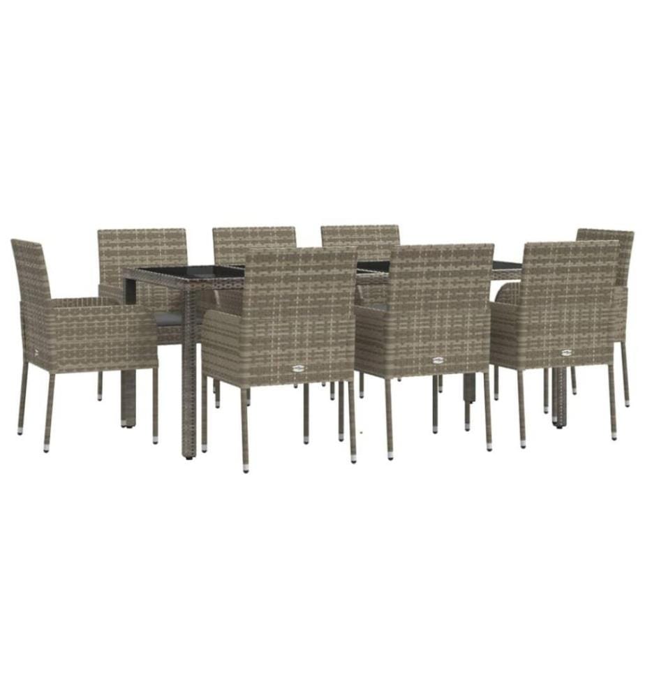 9-tlg. Garten-Essgruppe mit Kissen Grau Poly Rattan