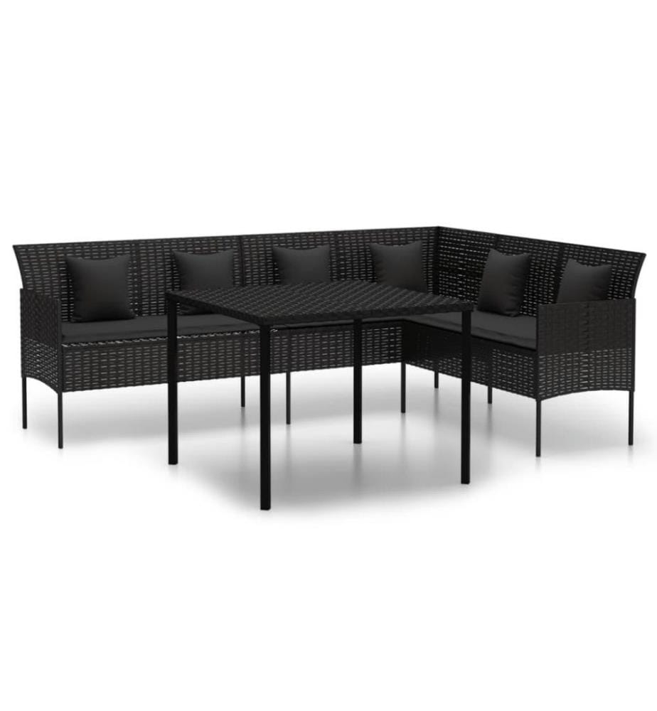 2-tlg. Garten-Essgruppe mit Kissen Schwarz Poly Rattan