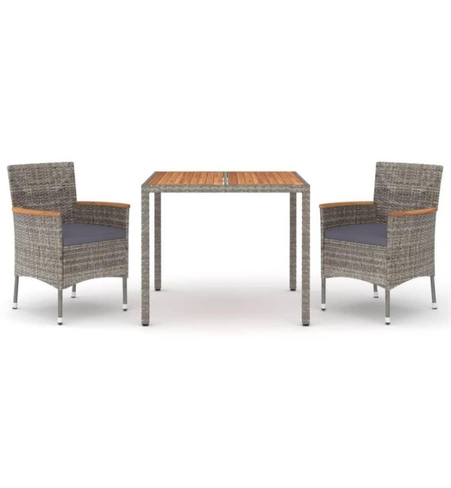 3-tlg. Garten-Essgruppe mit Kissen Grau Poly Rattan