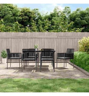 7-tlg. Garten-Essgruppe mit Kissen Schwarz Poly Rattan & Stahl