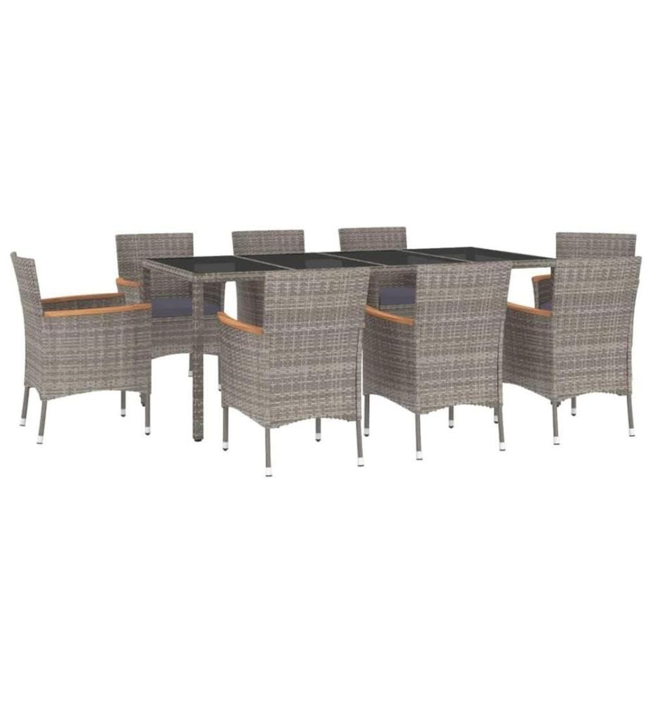 9-tlg. Garten-Essgruppe mit Kissen Grau Poly Rattan