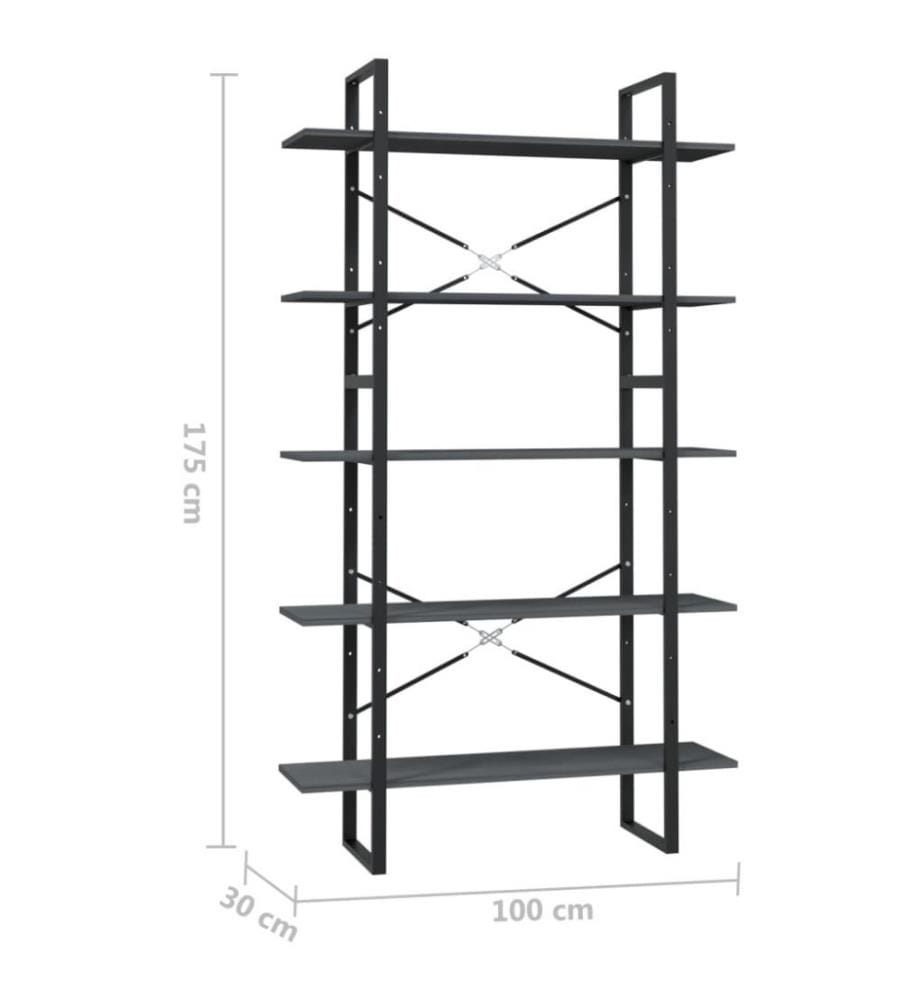 Bibliothèque à 5 niveaux Gris 100x30x175 cm Bois de pin