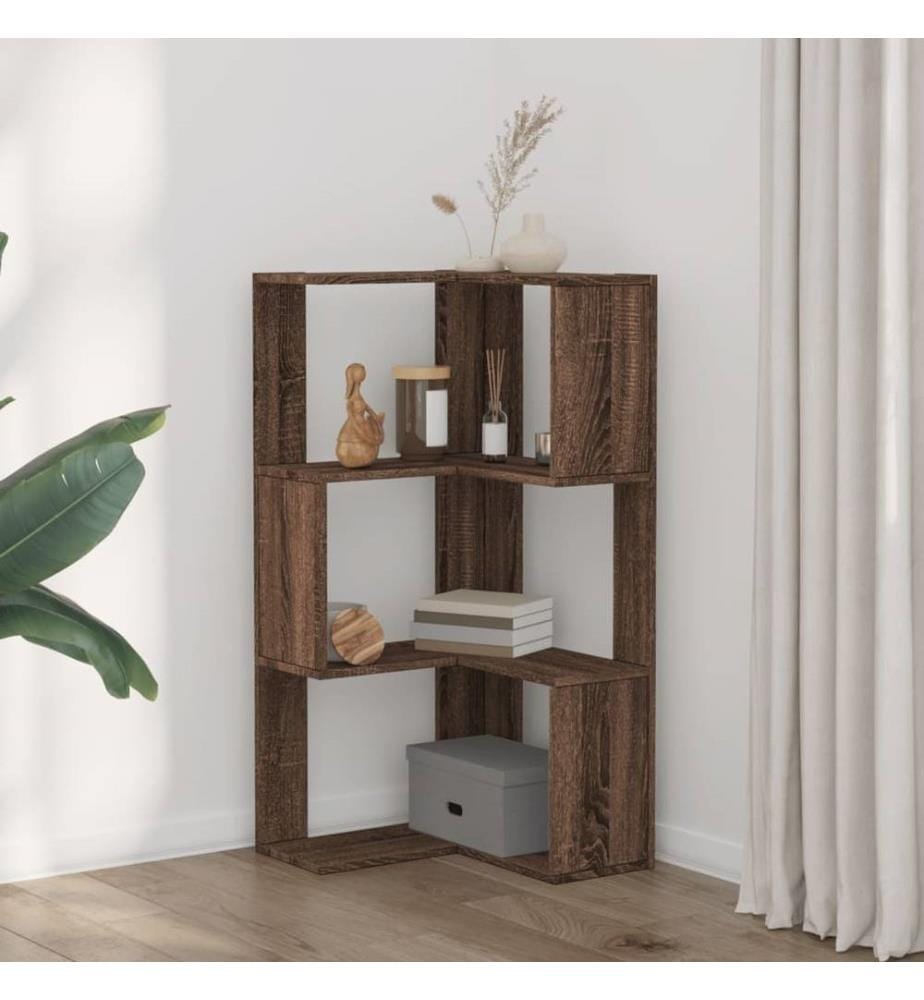 Bibliothèque d'angle à 3 niveaux chêne marron bois d'ingénierie