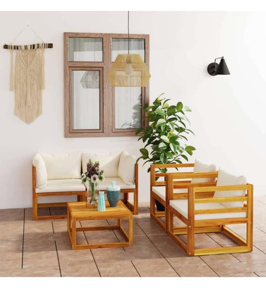 Salon de jardin 5 pcs avec coussin Crème Bois d'acacia solide