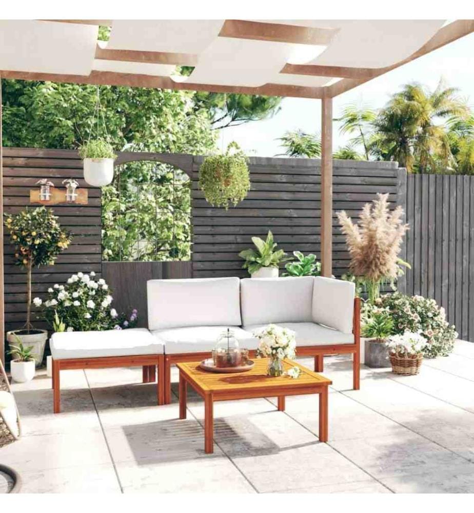 Salon de jardin 4 pcs avec coussins Crème Bois d'acacia solide